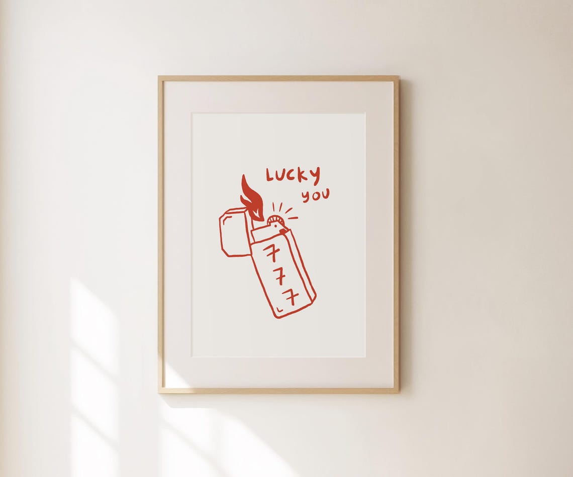 Lucky You 777 Angel Number Lighter Doodle Red Wall Art Print Poster - Image 4