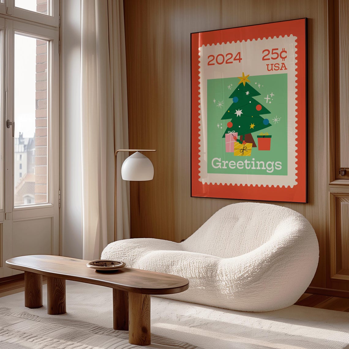 2024 Christmas Tree Postage Stamp Greetings Retro Holiday Poster - Image 2