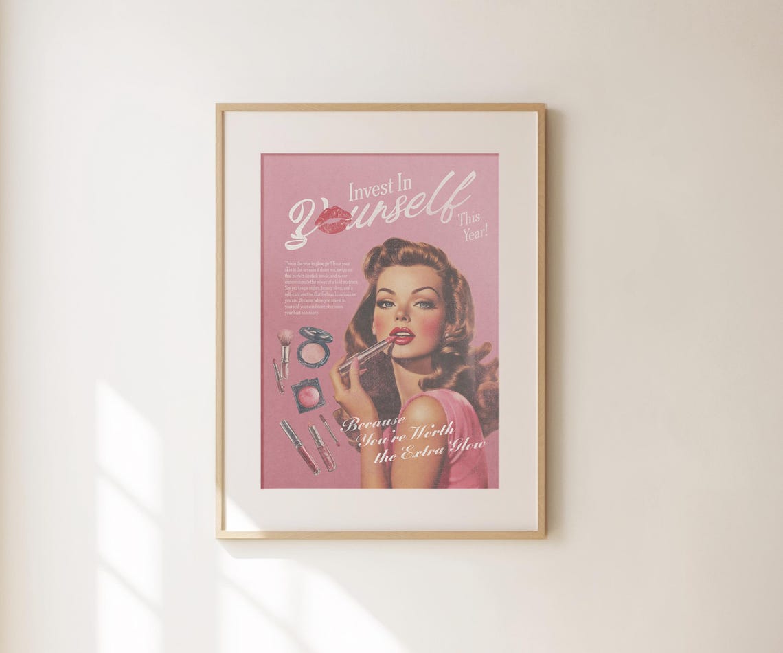 Invest In Yourself Wall Art New Yorker Retro Print Feminist Print Girly Wall Art Trendy Preppy Apartment Decor Feminine Pink Wall Art