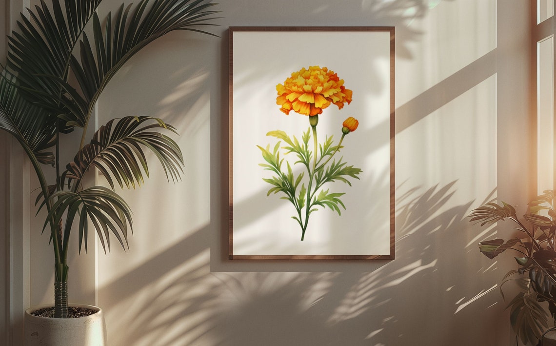 Golden Marigold Bloom Vintage Botanical Watercolour Art Poster - Image 5