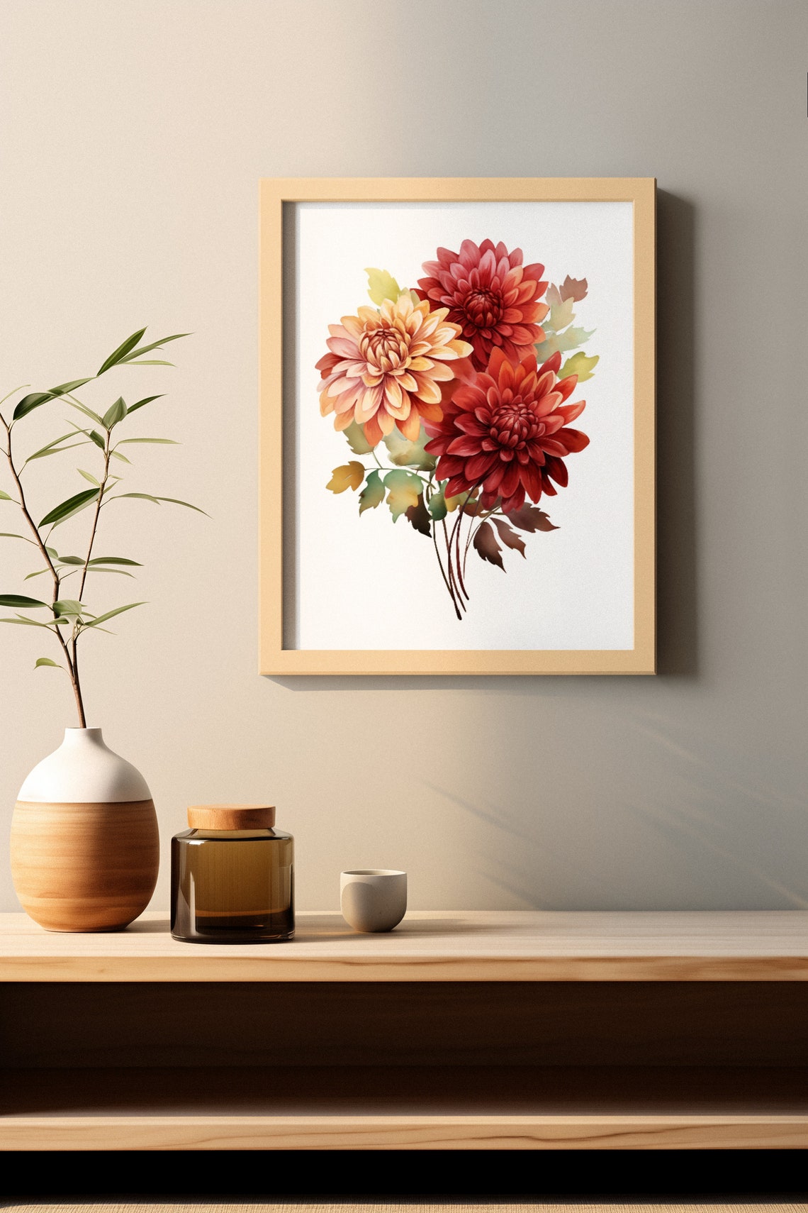 Warm Red Dahlia Autumn Bouquet Watercolour Botanical Flower Poster - Image 2