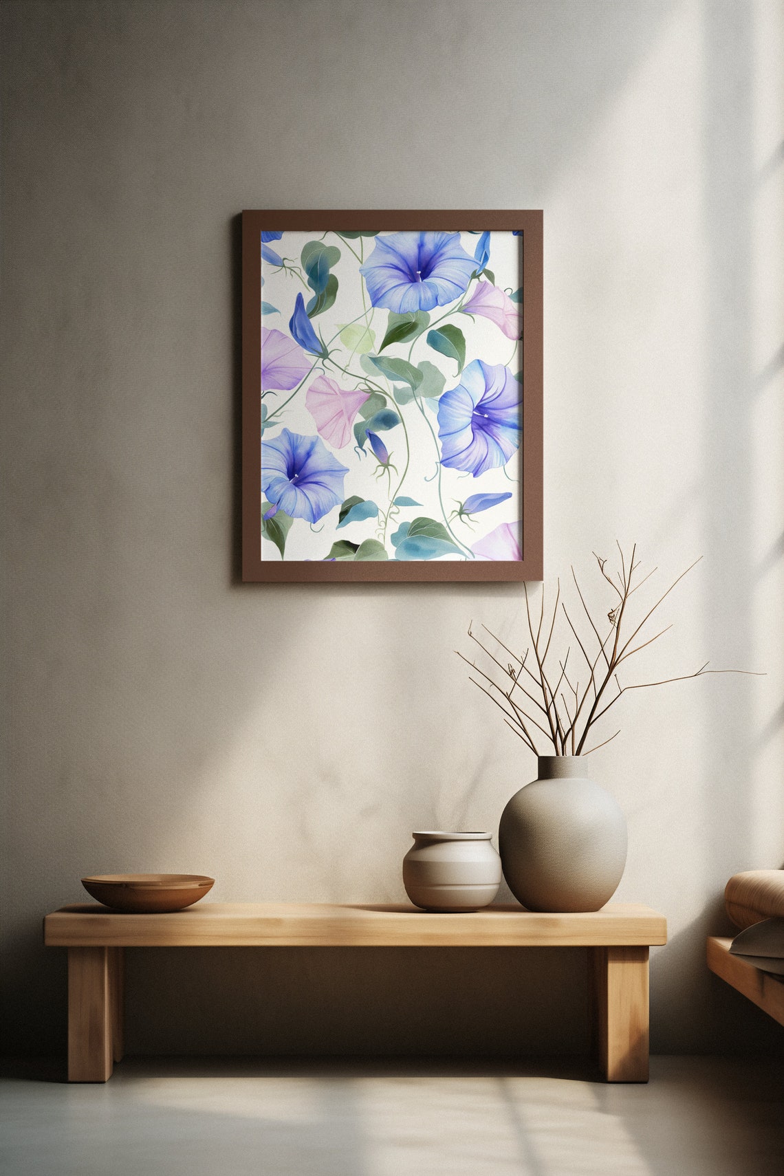 Blue Morning Glory Vines Delicate Watercolor Floral Botanical Poster - Image 2