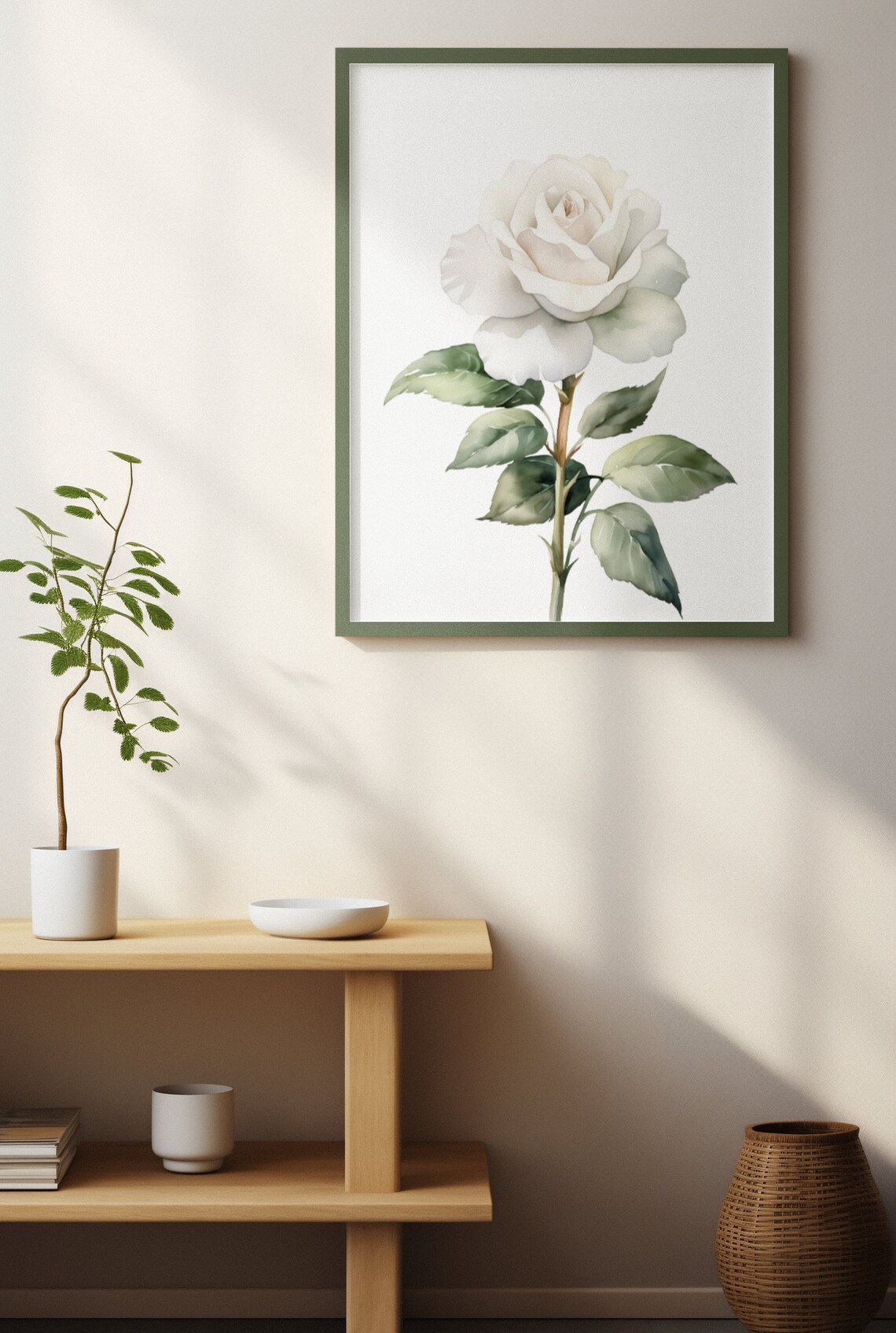 Single White Rose Timeless Watercolor Botanical Flower Art Poster - Image 5