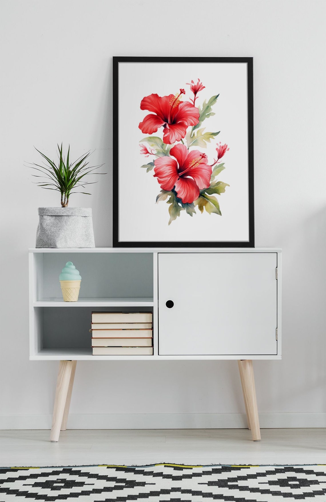 Red Hibiscus Pair With Foliage Exotic Lush Watercolor Art Poster - Image 8