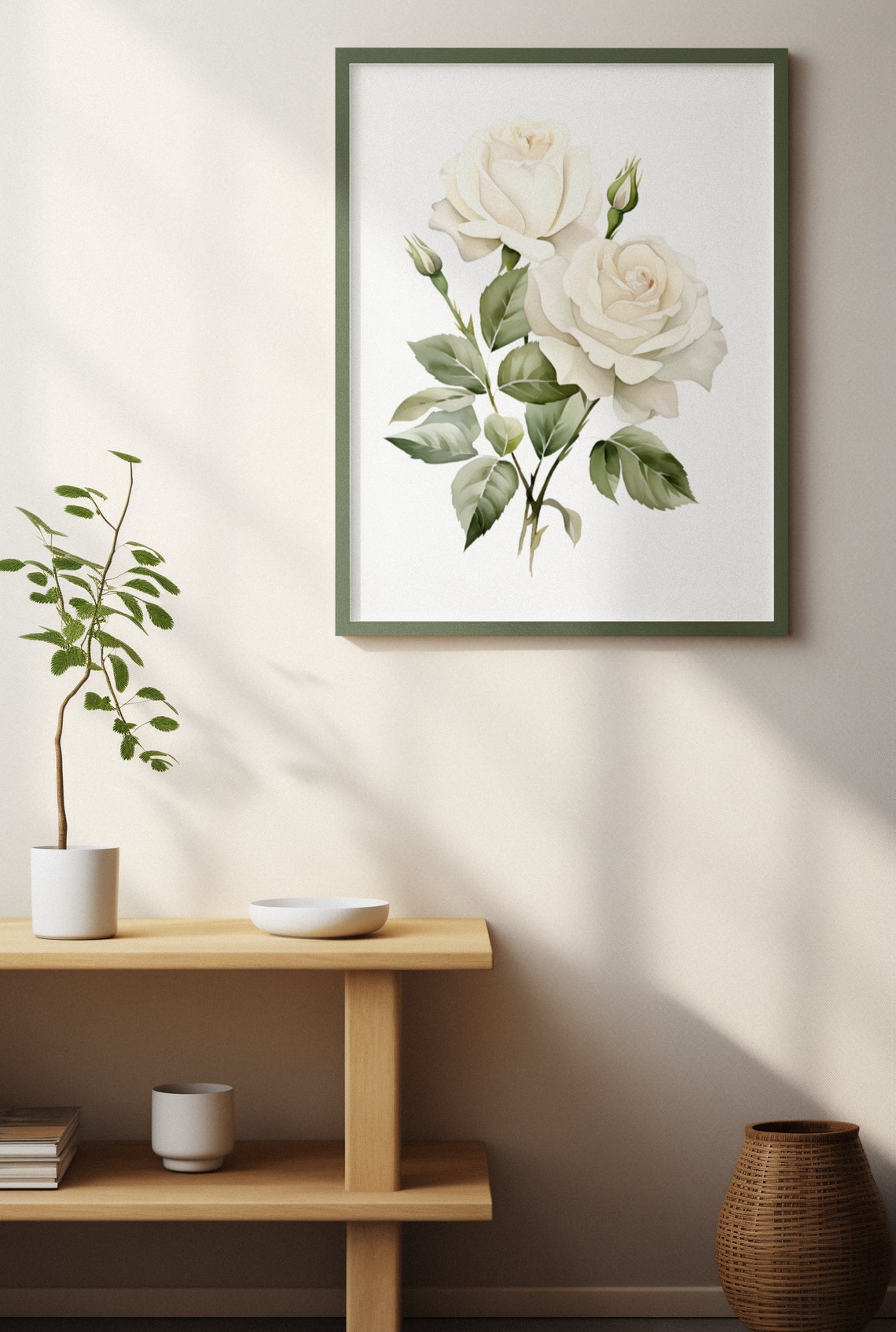 White Rose Pair With Buds Romantic Tender Watercolor Art Poster - Image 3