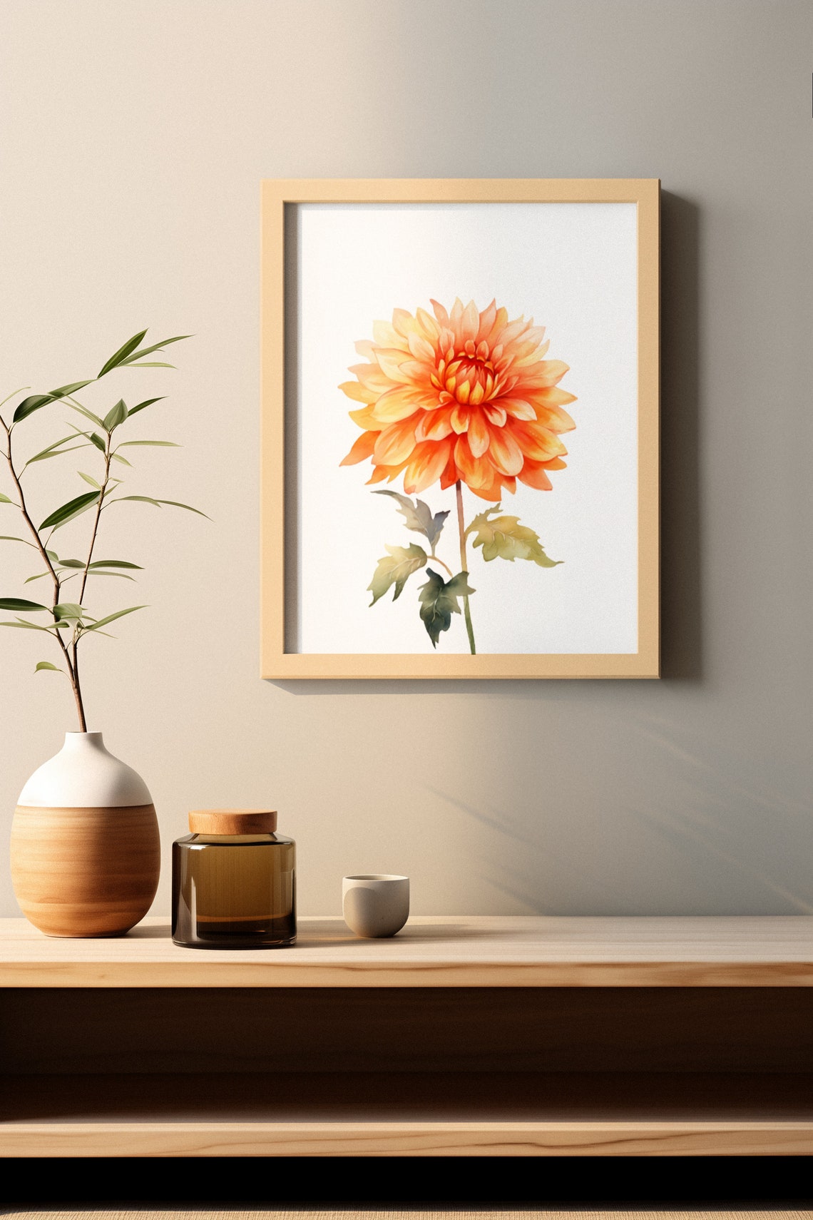 Peach Orange Dahlia Single Bloom Watercolour Botanical Poster - Image 2