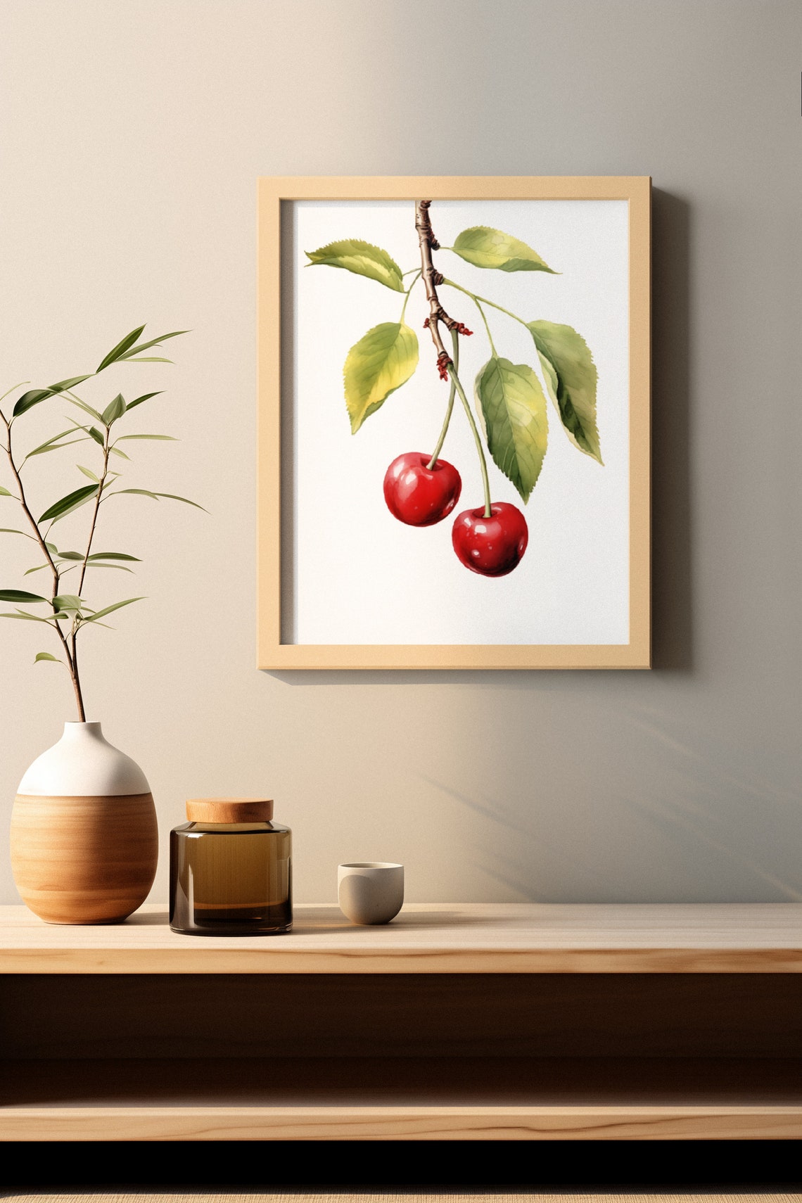Red Cherries on Branch Vintage Watercolour Botanical Fruit Poster - Image 2