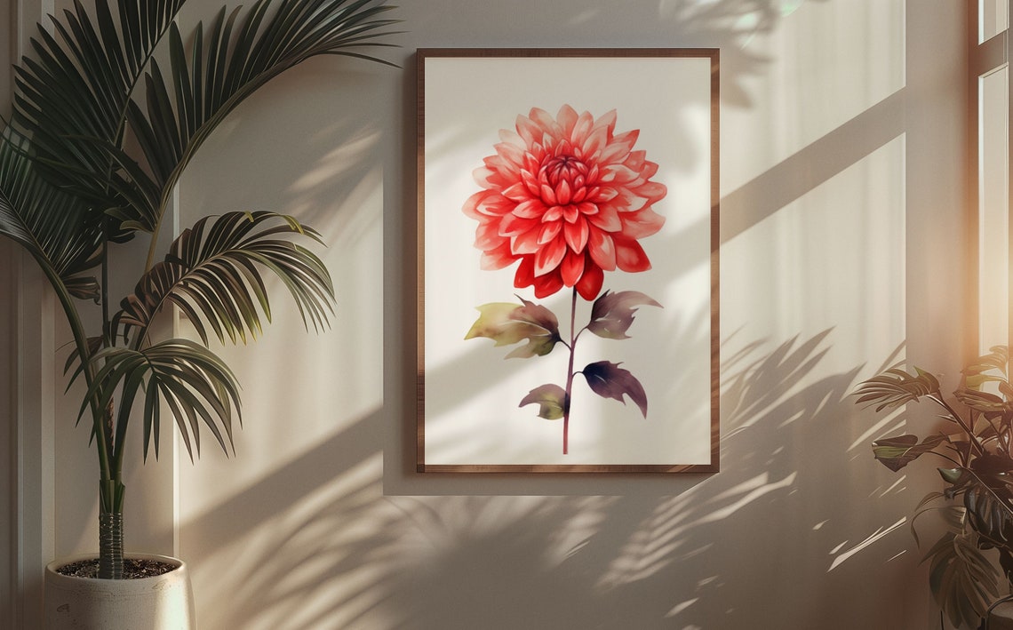 Glowing Coral Red Dahlia Bloom Watercolour Botanical Art Poster - Image 5