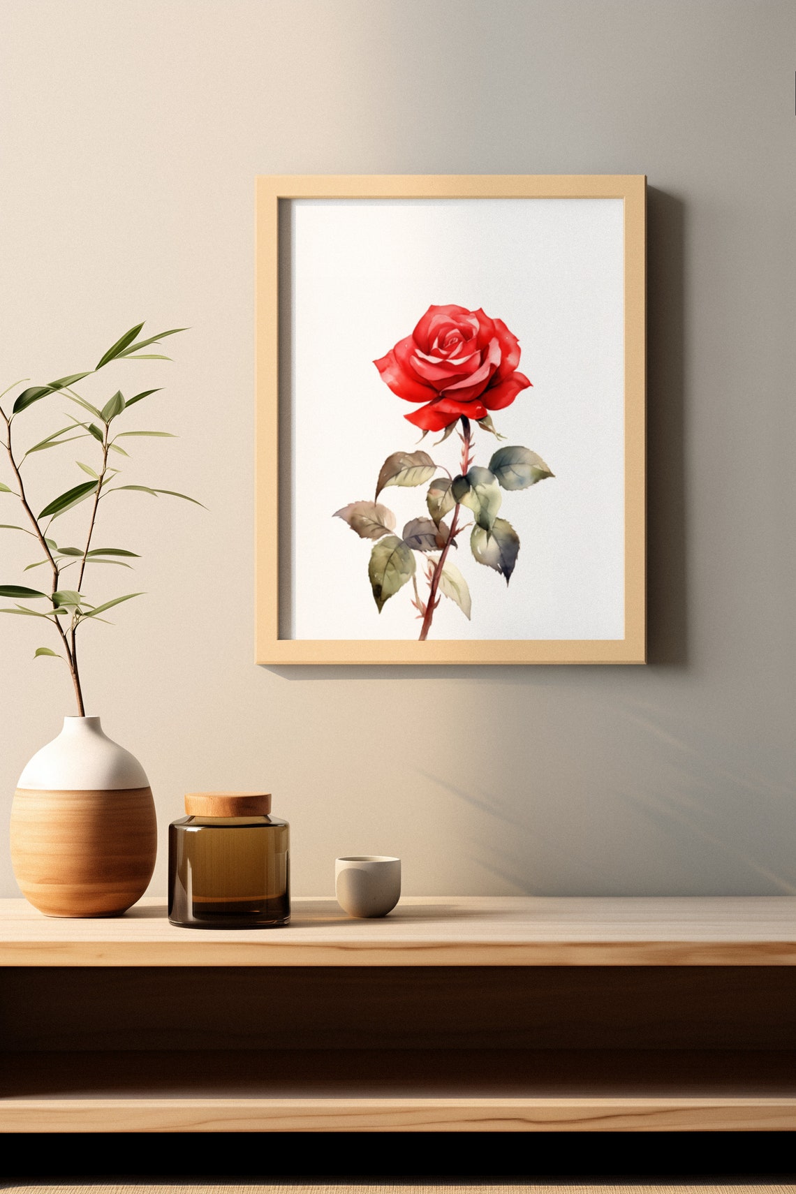 Classic Red Rose Single Stem Watercolour Botanical Flower Poster - Image 2