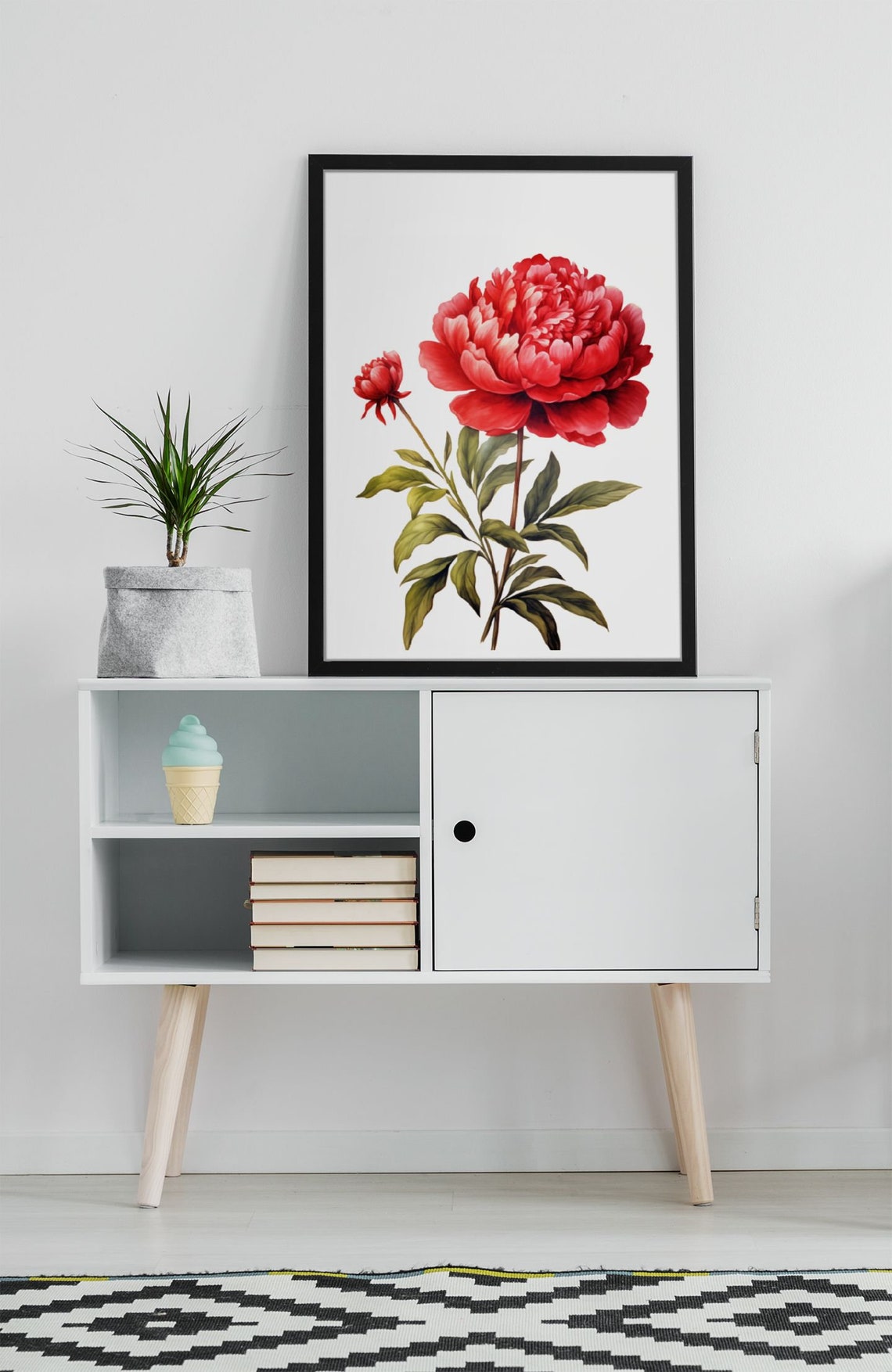 Red Peony Bloom with Bud Watercolour Botanical Flower Poster - Image 7