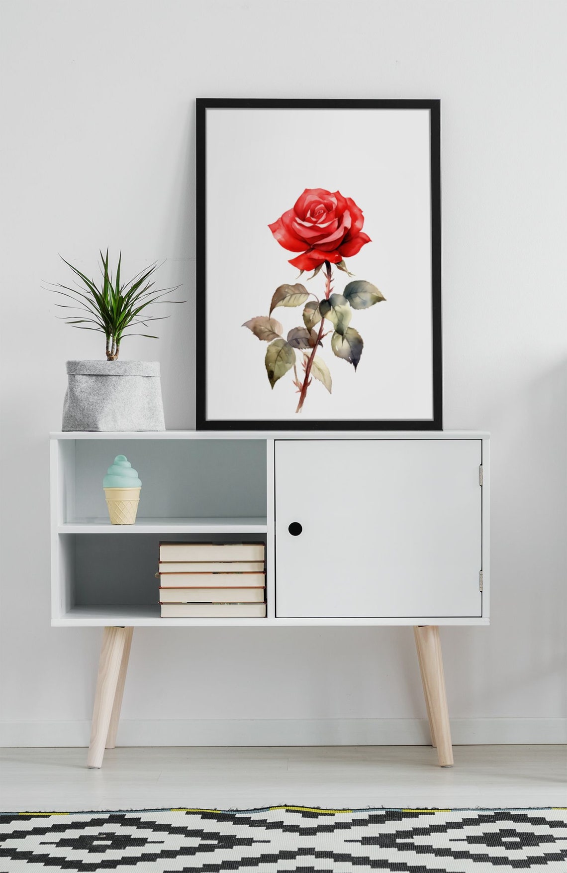 Classic Red Rose Single Stem Watercolour Botanical Flower Poster - Image 9