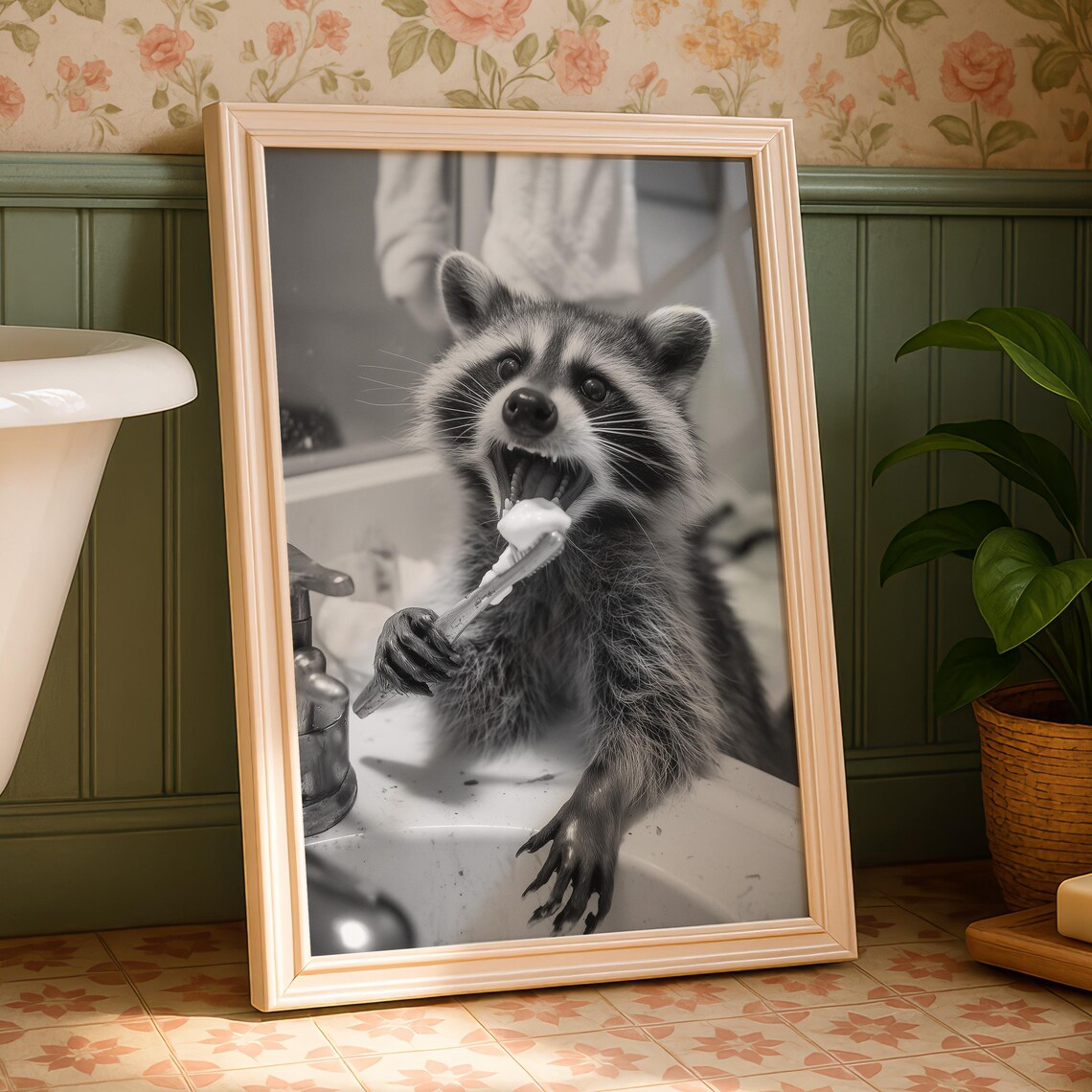 Funny Raccoon Brushing Teeth Bathroom Poster