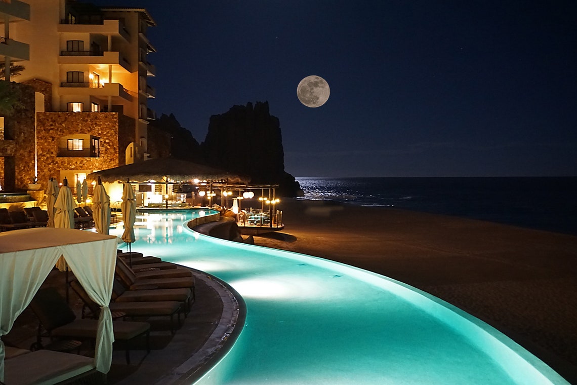 Cabo San Lucas Resort Infinity Pool Night Full Moon Ocean Poster