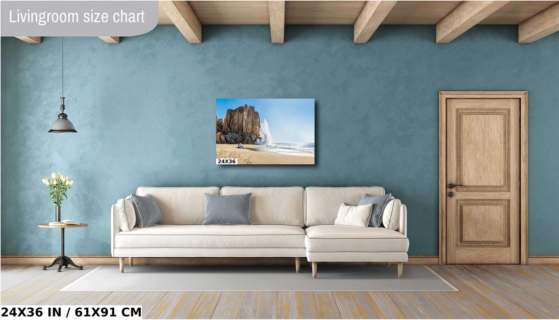 Cabo Rocky Cove Crashing Wave Spray Golden Beach View Poster - Image 4