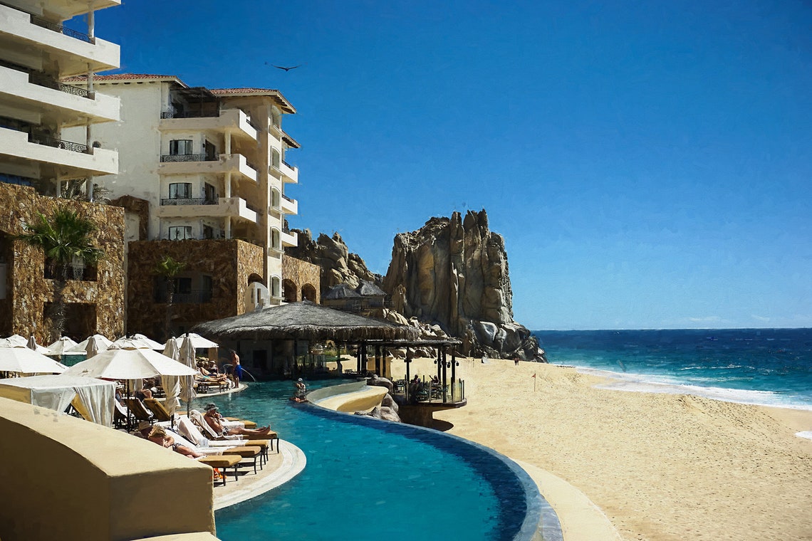 Beachfront Resort Pool Daytime Rocky Shore Cabo San Lucas Art Poster