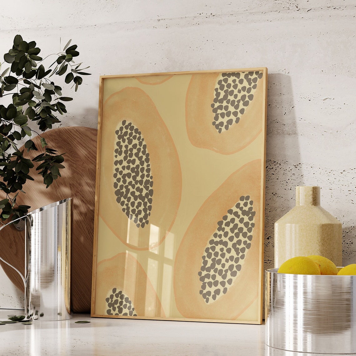 Papaya Slices Watercolor Fruit Art Beige Modern Kitchen Wall Poster