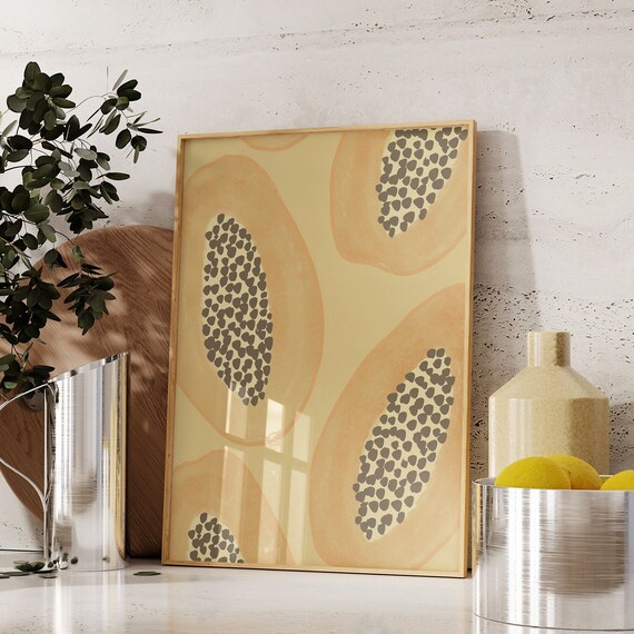 Papaya Slices Watercolor Fruit Art Beige Modern Kitchen Wall Poster