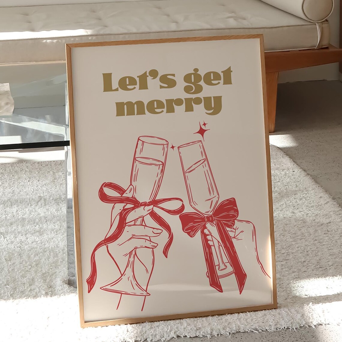 Lets Get Merry Gold Retro Champagne Flutes Red Bow Christmas Party Poster - Image 2
