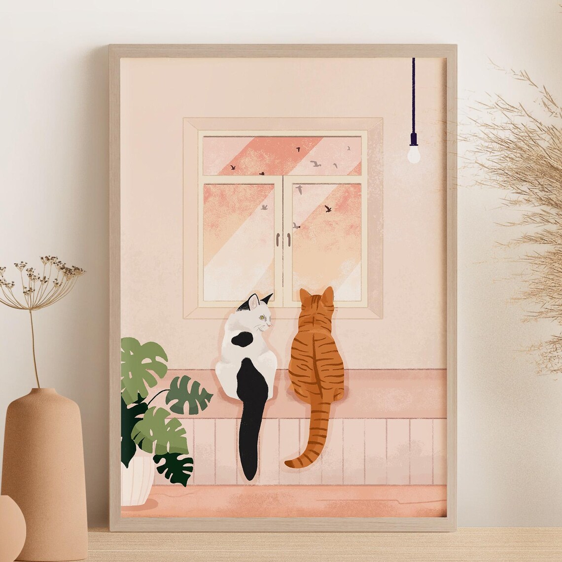 Personalised Cat Print, Cats Looking at Birds