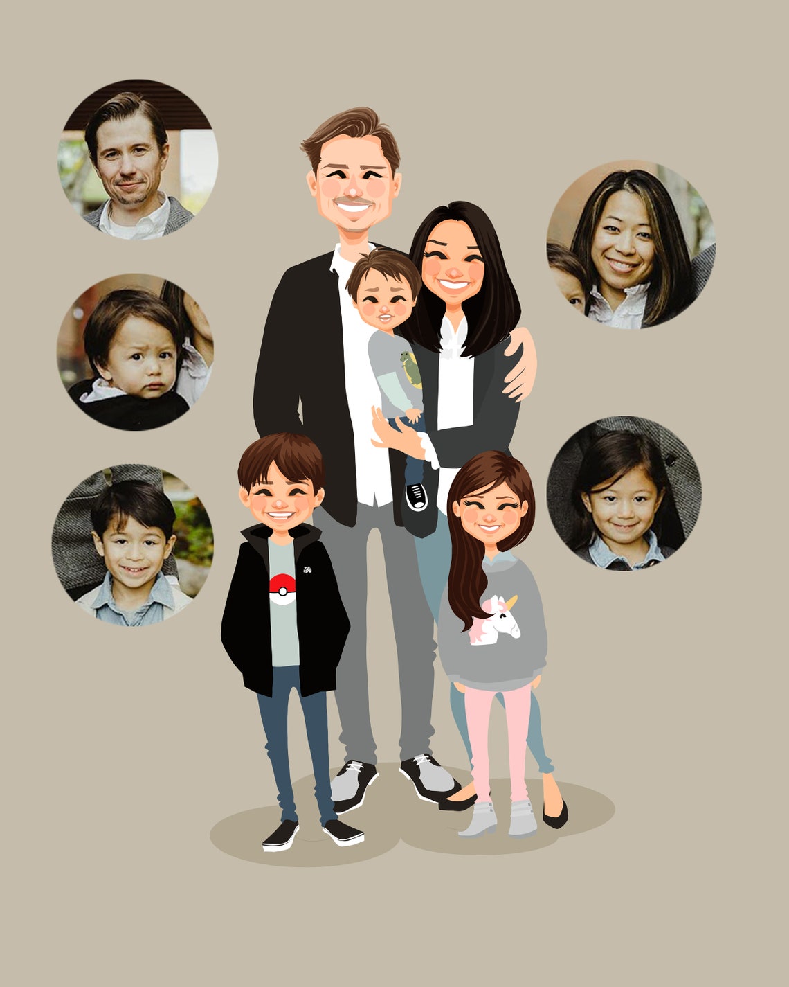 Custom Illustrated Family of Five Portrait With Three Children Poster - Image 2