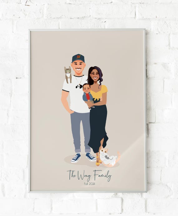 Custom Illustrated Wong Family Portrait With Parents Baby and Two Cats Poster