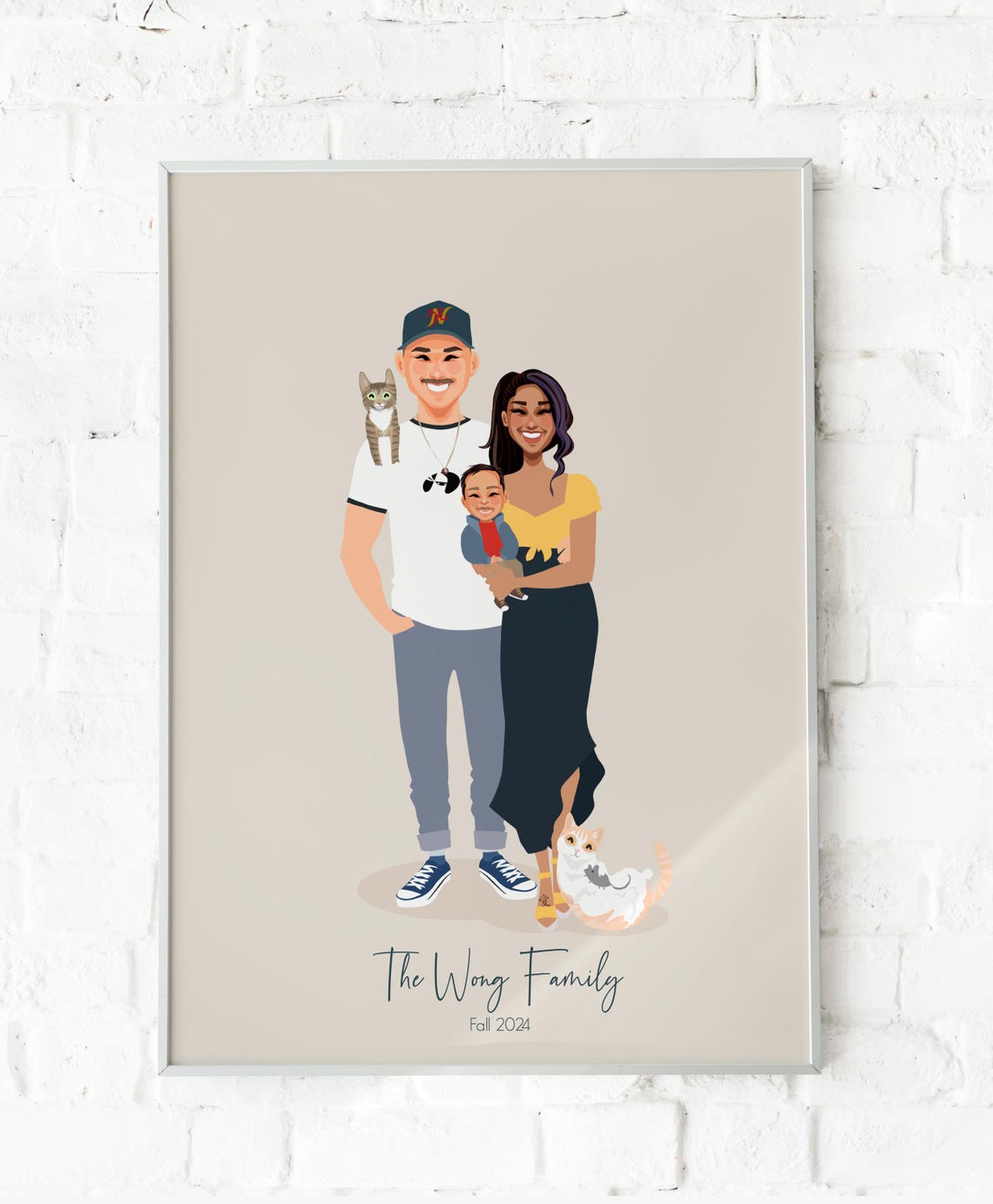 Custom Illustrated Wong Family Portrait With Parents Baby and Two Cats Poster