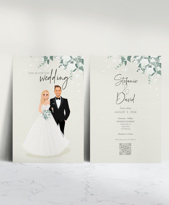 Custom Two Sided Wedding Invitation With Couple Portrait Print