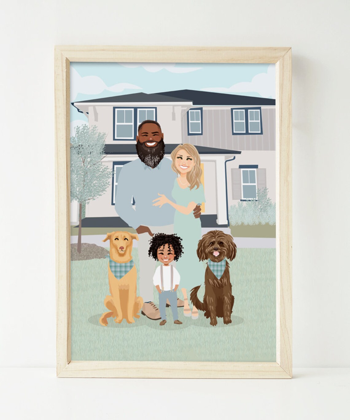 Custom Illustrated Family Portrait With House and Two Dogs Poster