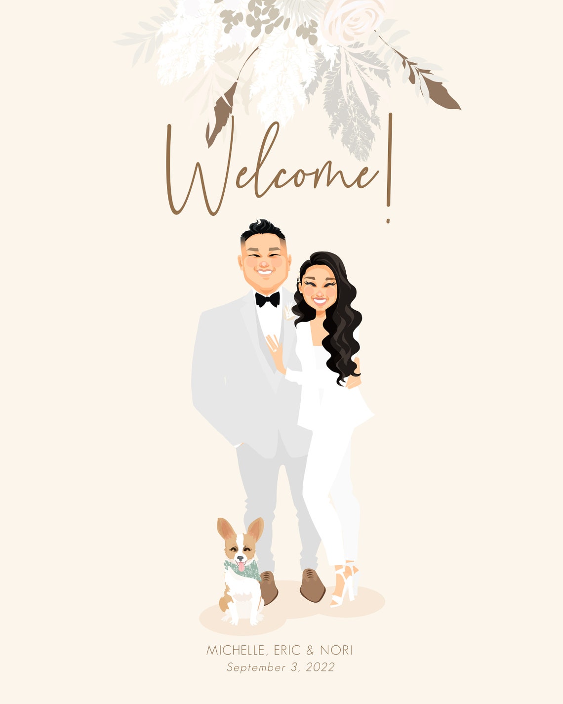 Welcome Custom Modern Wedding Couple Portrait with Corgi Poster - Image 5