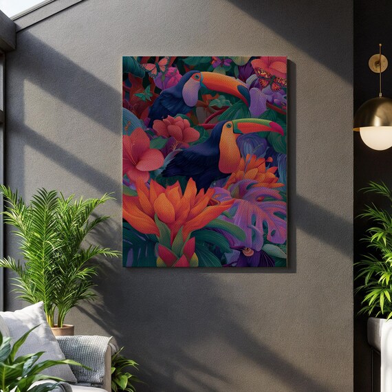 Tropical Toucan Wall Art Colorful Jungle Bird Canvas Print Vibrant Exotic Flora Painting For Living Room Bold Botanical Home Decor