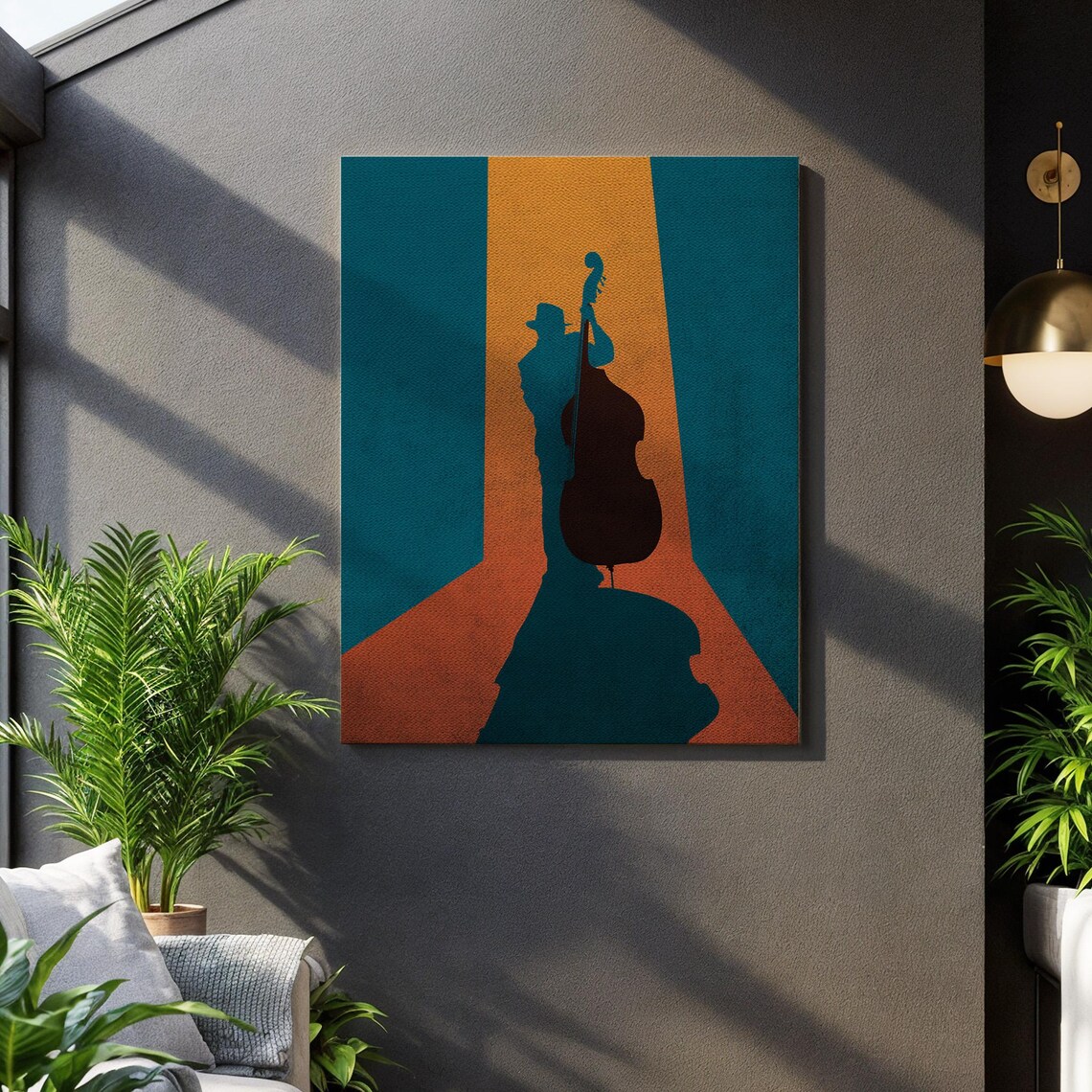 Jazz Musician Silhouette Upright Bass Teal Orange Retro Music Bar Poster
