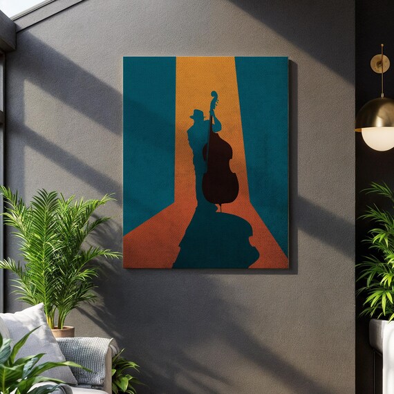 Jazz Musician Wall Art Silhouette Upright Bass Canvas Print In Retro Teal And Orangeminimalist Music Decor For Studio Or Vintage Interiors