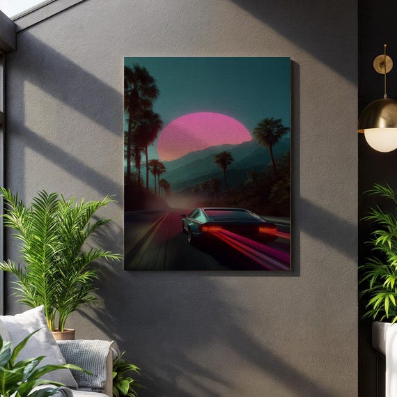 Synthwave Car, Retro Neon Sunset Drive