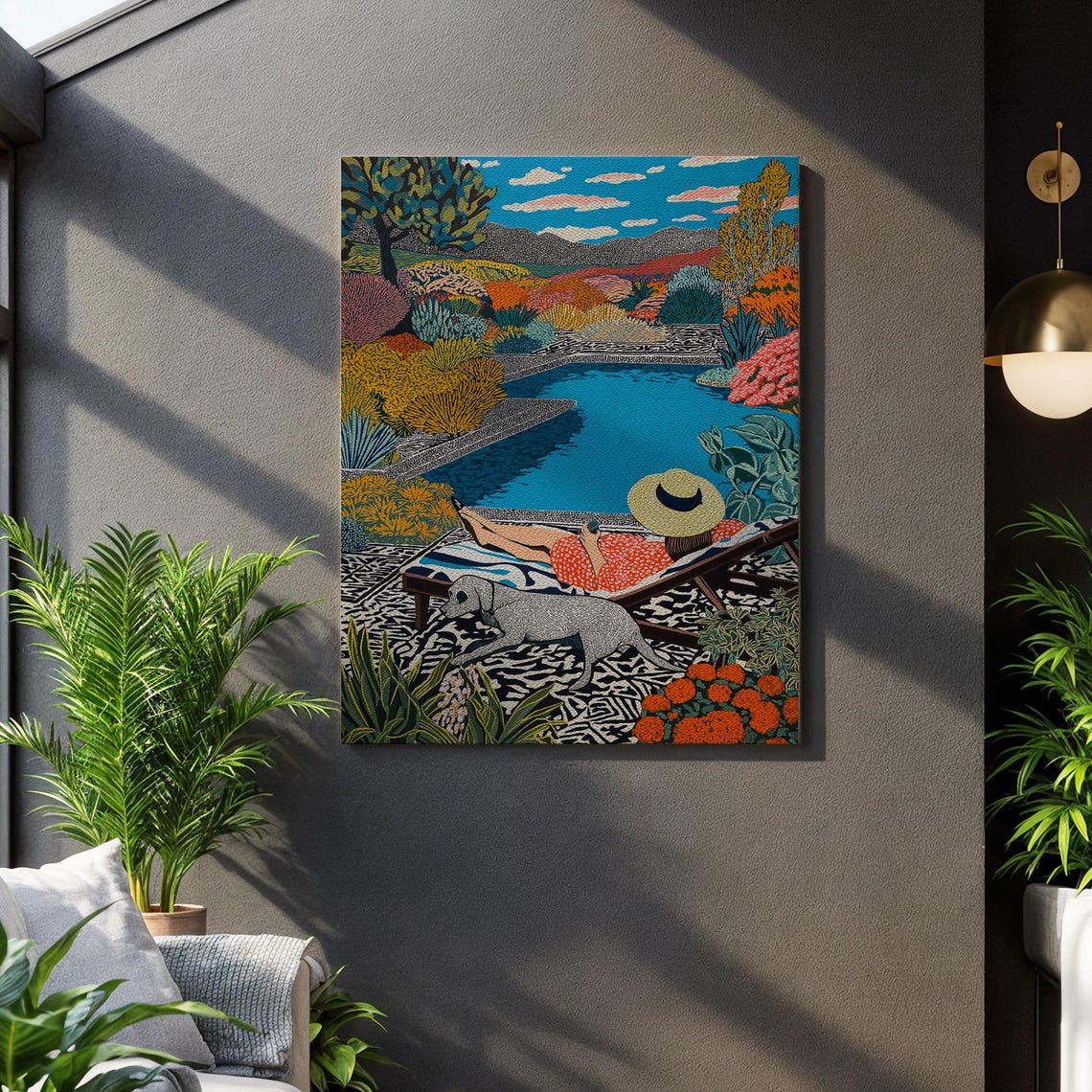Woman Lounging by Pool With Dog in Blooming Colorful Garden Art Poster