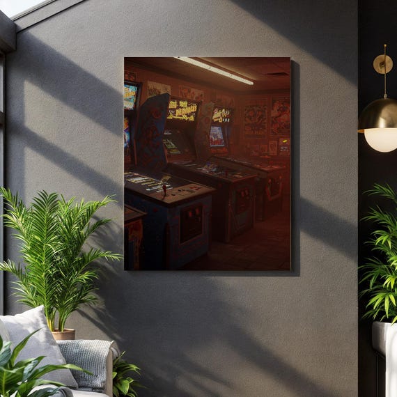 Retro Arcade Room Canvas Wall Art 80s Nostalgia Gaming Print With Neon Glow Vintage Gamer Decor For Man Cave Or Game Giftunique Gift