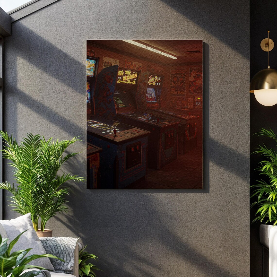 Retro Arcade Room Canvas Wall Art 80s Neon Gaming Nostalgia Night Scene