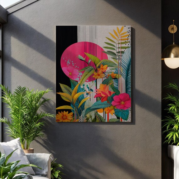 Colorful Tropical Floral Art Pink Sun Bold Jungle Botanical Poster