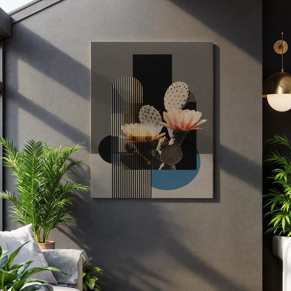 Geometric Cactus Canvas Abstract Desert Flower Print In Black And Beige Modern Minimal Botanical Art Framed Gift For Trendy Spaces