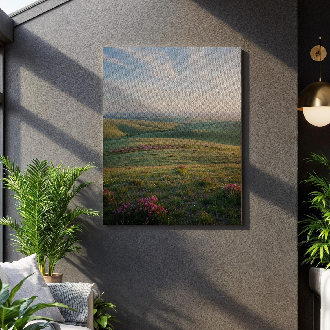 Rolling Green Hills Wildflower Meadow Photography Print for Calm Homes