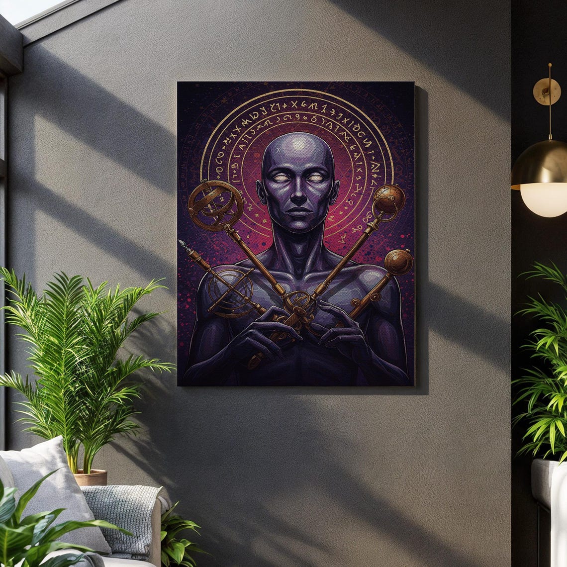 Mystical Blue Figure Golden Keys Occult Circle Dark Surreal Print