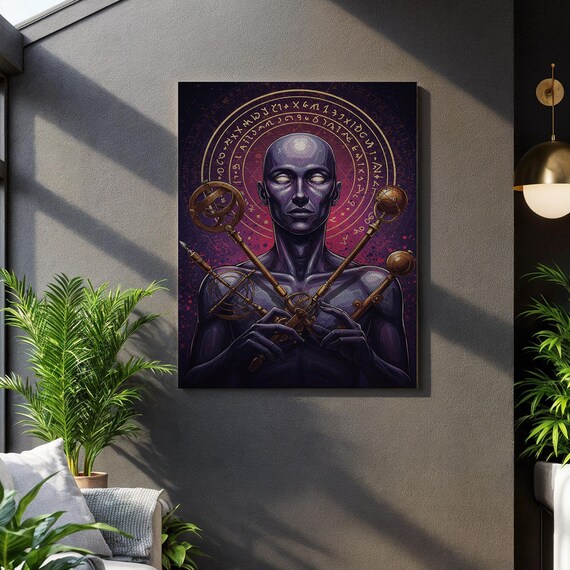 Mystical Figure Canvas Wall Art Dark Surreal Portrait With Golden Keys And Occult Symbols Fantasy Esoteric Print For Gothic Home Decor