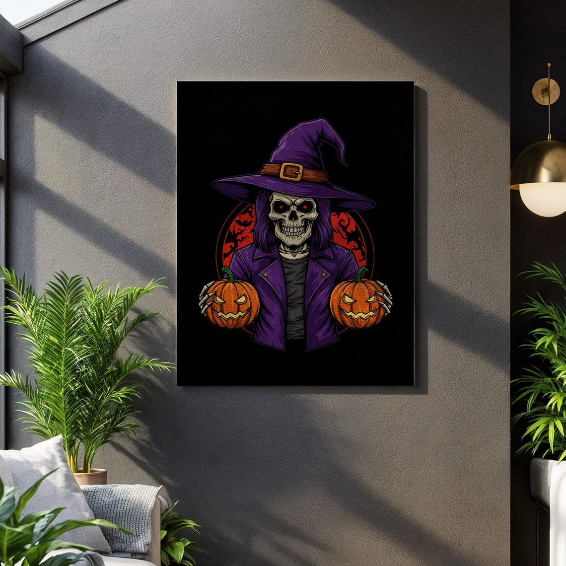 Halloween Skeleton Witch Purple Hat Pumpkins Gothic Art Poster