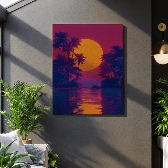 Vaporwave Sunset Tropical Wall Art Synthwave Palm Tree Canvas Print With Neon Colors Retro Beach Decor For Modern Interiors