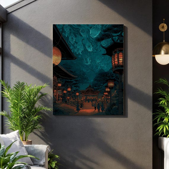 Japanese Night Festival Anime Street Scene Framed Ukiyoe Canvas Mystical Lanterns Art Lofi Wall Decor Asian Cityscape Print