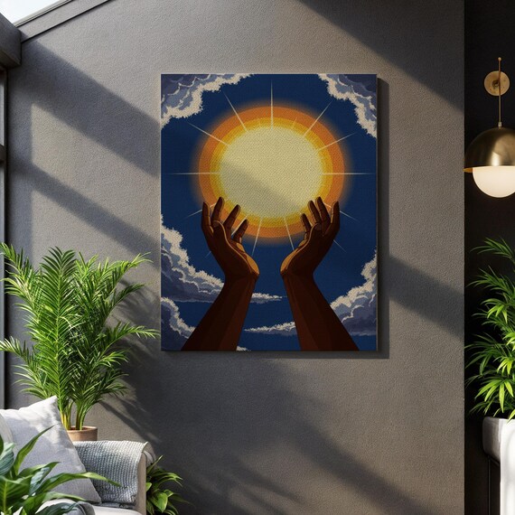 Hands Holding Radiant Sun Spiritual Illustration Inspirational Wall Art