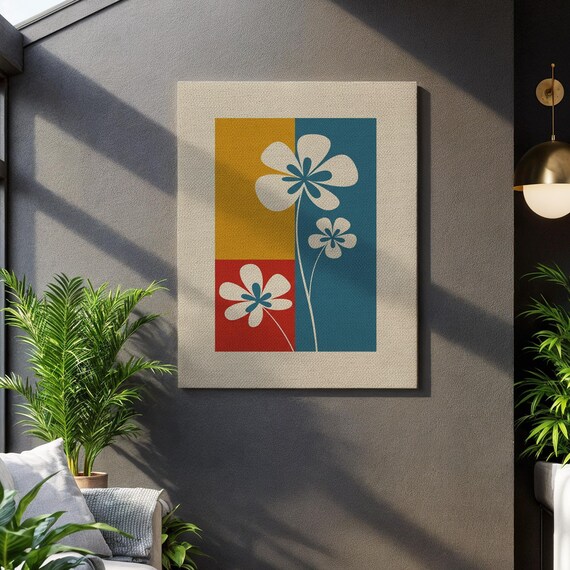 Retro Geometric Flowers Mustard Teal Color Block Mid Century Botanical Poster