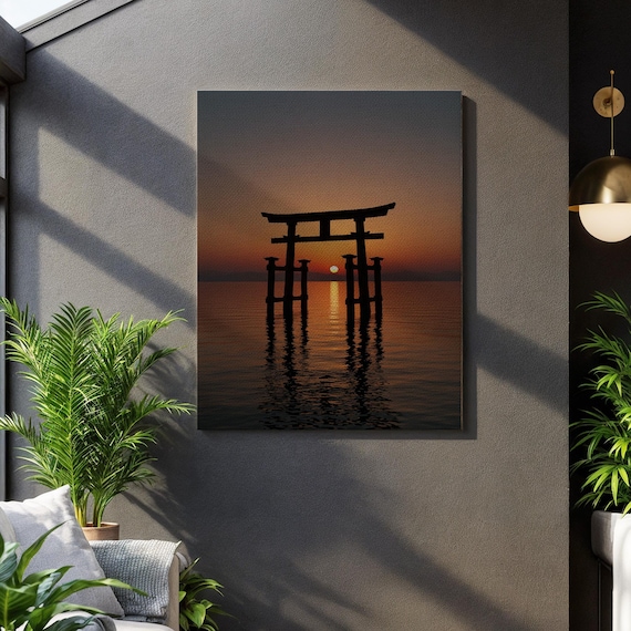 Japanese Torii Sunset Canvas Wall Art Zen Gate Over Water Print Tranquil Asian Landscape Poster Serene Meditation Decor For Home