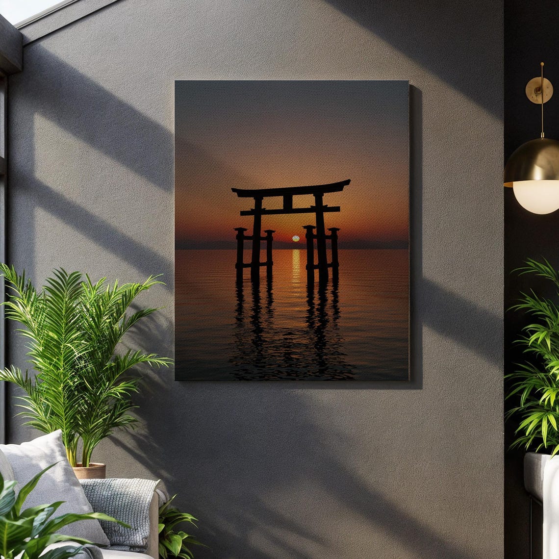 Japanese Torii Sunset Canvas Wall Art Zen Gate Over Water Print Tranquil Asian Landscape Poster Serene Meditation Decor For Home