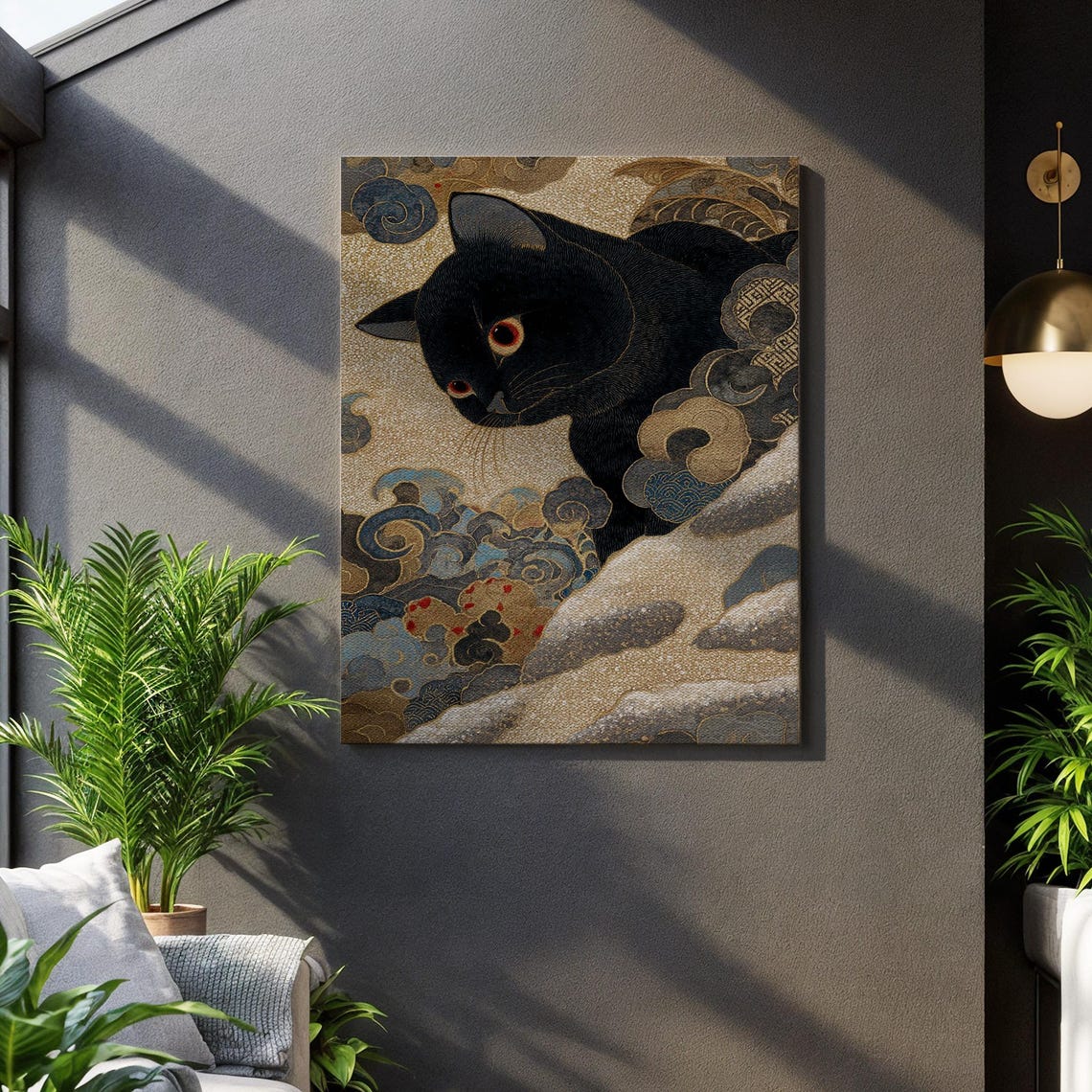 Japanese Black Cat Waves Gold Kimono Style Feline Art Poster