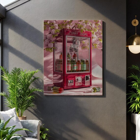 Retro Claw Machine Wall Art Pink Candy Dispenser Canvas Print Pop Realism Kitchen Decor Colorful Vintage Poster For Modern Interiors